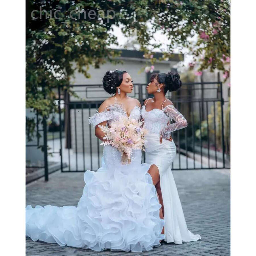 Arabic Aso 2024 Ebi Plus Size Urious White Mermaid Wedding Dress Beaded Crystals Lace Organza Tiers Bridal Gowns Dresses Zj034 Es 0703