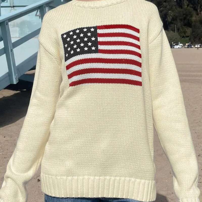 Rapcopter Y2k Flag Print Sweaters Loose O Neck Full Sleeve Jumpers Autumn Winter Haruku Casual Knitwear Pullovers Vintage 90S