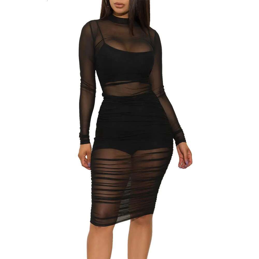 Sexy Mini Bodycon Dress Lace Mesh See Through Party Dresses Women Slim Clubwear Solid Long Sleeve Basic Female Outfits