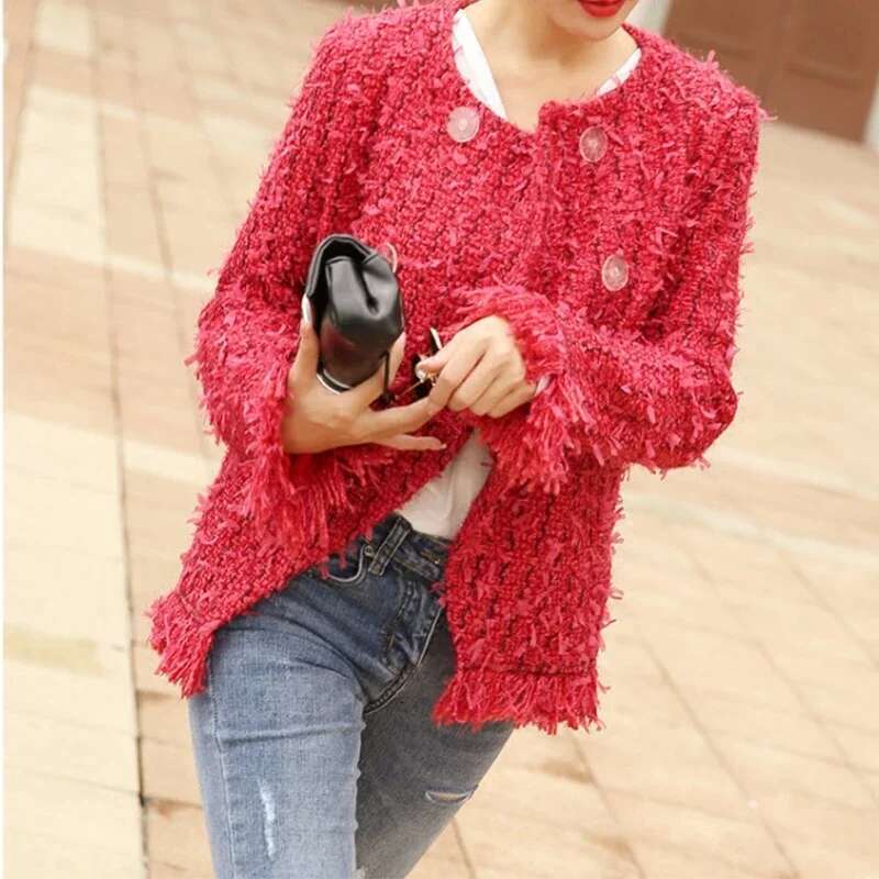New Women's Spring Red Fringed Tweed Breasted Jacket Female Coat Can Customized Size