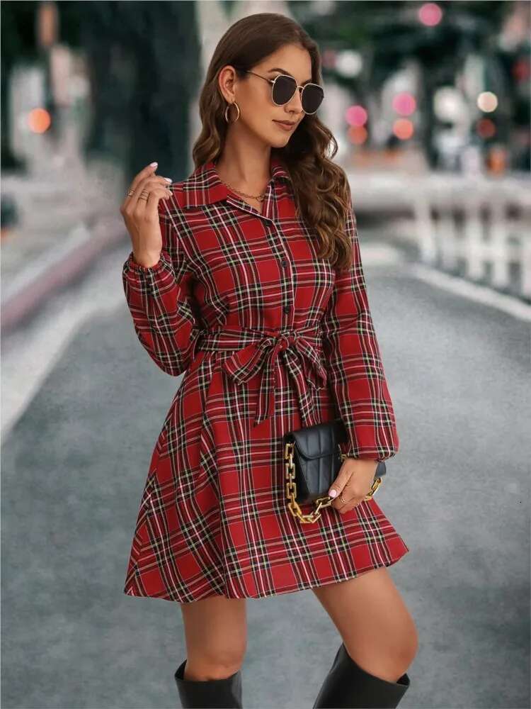 Autumn Winter Women's New Fashionable Lantern Sleeve Strap Waist Pattern Printed Single Breasted Shirt Casual Dress
