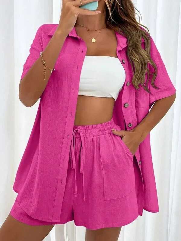 new in matching sets Women Casual Suit 2025 Summer fashion Loose Single-breasted Shirt Pocket Tie Shorts Women Two-Piece SetXJ250106