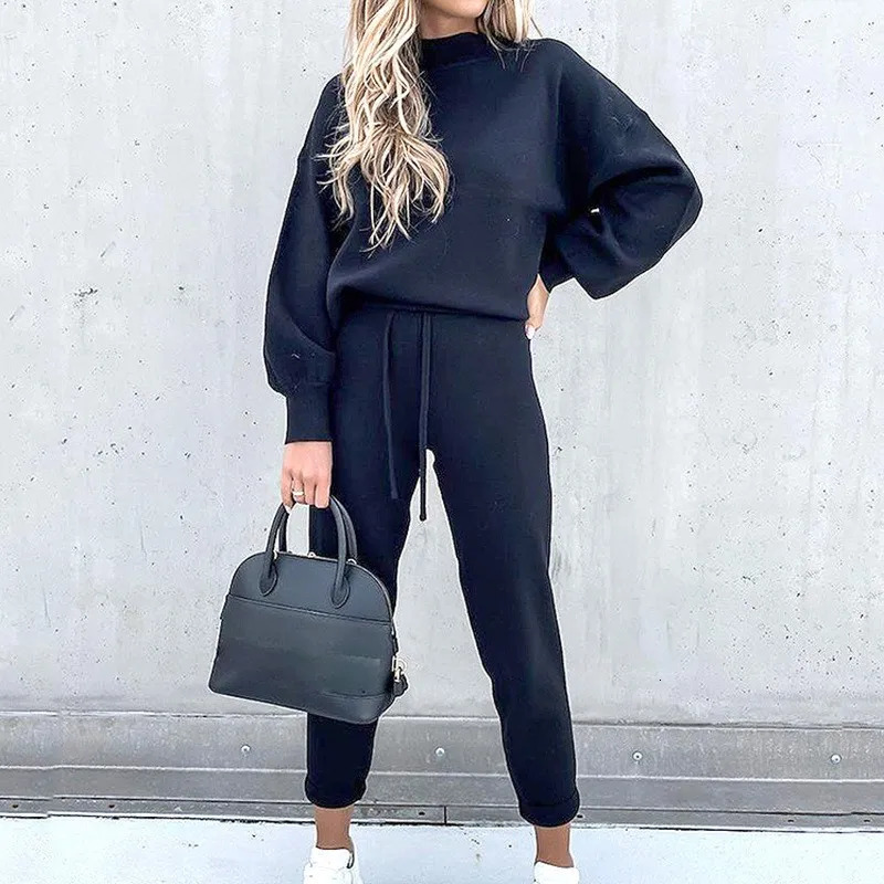 2 Piece Suit Sports for Womens Solid Color Fashion Casual Outfits Set Loungewear Long Sleeve Wide Leg Pants Streetwear 250106