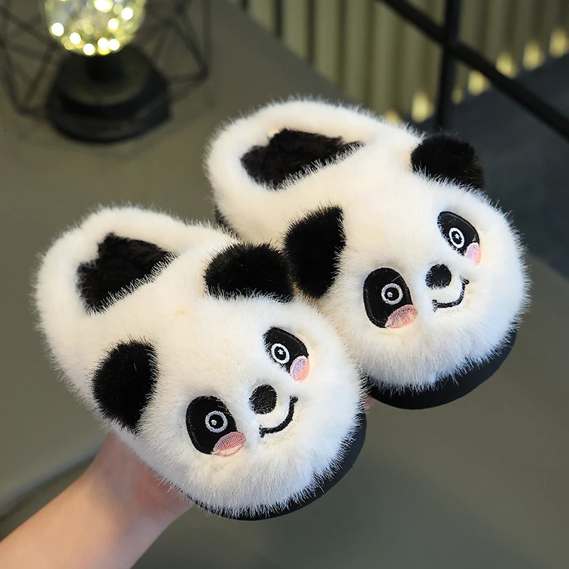 Winter Warm Cute Cartoon Panda Indoor Mule Soft Non-slip Kids Fluffy Slippers For Boys And Girls Children Home Cotton Shoes 250106