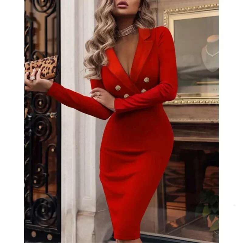 Spring Summer 2024 New Business Suit And Solid V-Neck Double Breasted Women Long Sleeve Slim Fit Elegant Dress