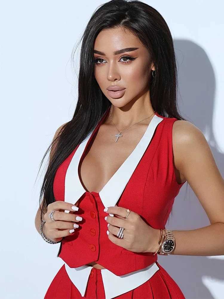 Trendix Pleated Skirt 2 Piece Sets Womens Outfits Simple V Neck Tank Tops High Waist Black White Contrast Skirts Comter SuitsXJ250106