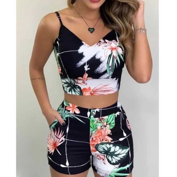 Women 2-piece Outfit Set Fe High Waist Hot Shorts Pants Suit Summer Flower Printed Sveless V-neck Sling Blouse Shorts SetXJ250106
