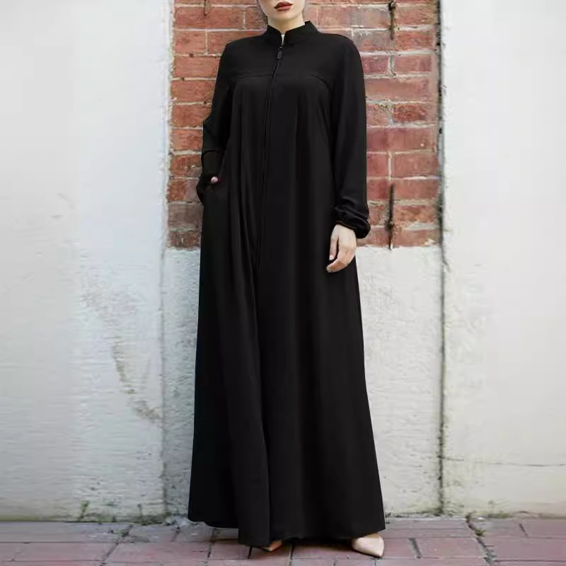 (379) New Arabian Style Stand-collar Zipper Cardigan with Pockets and Elegant Loose Dress