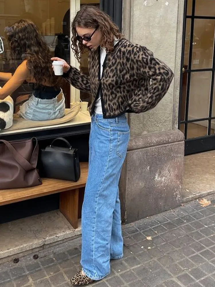 Fashion Knitted Leopard Womens Cardigan Long Sleeve Round Neck Single Breasted Short Sweater Vintage Casual Sweaters Knitwear 241225