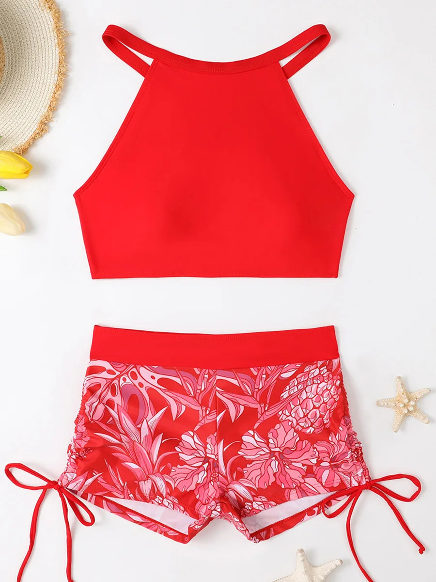 Print High Waist Swimsuit Women High Neck Bikini Drawstring Swimwear Female Bathers Bathing Swimming Swim Suit Beachwear 250106
