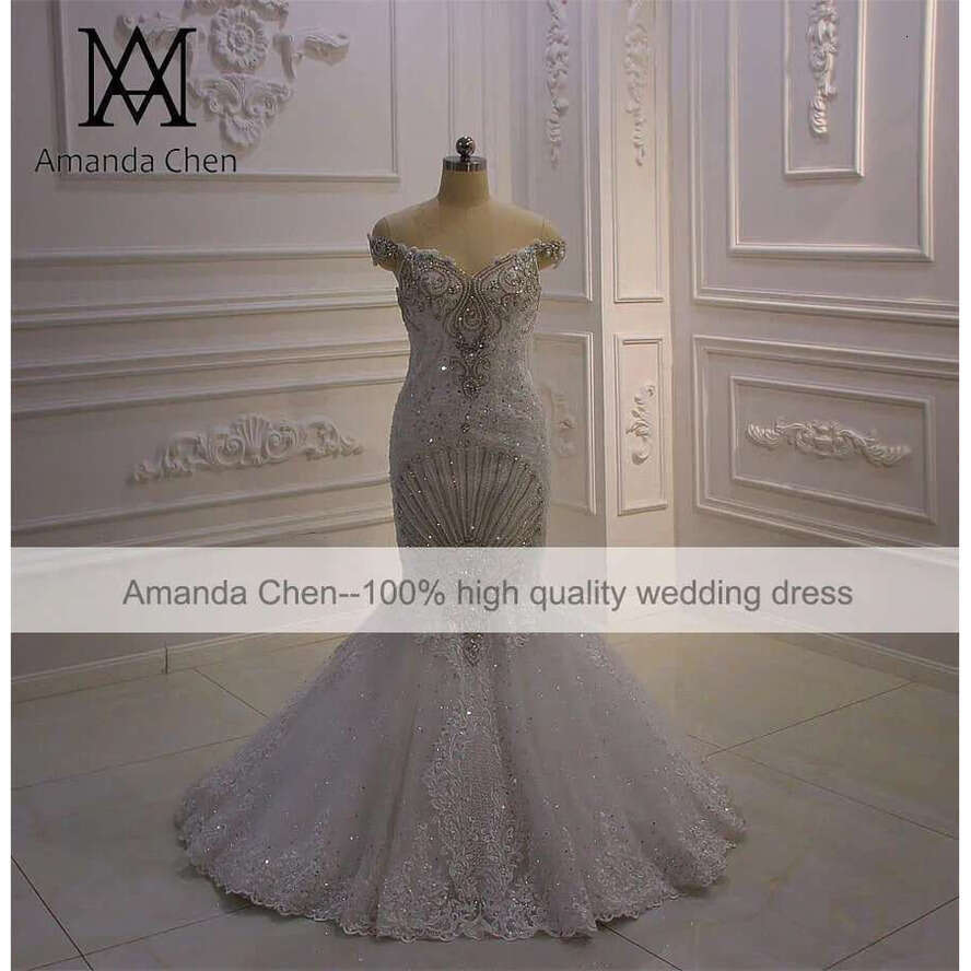 Robe De Mariage Off Shoulder Lace Appliqued Crystal Mermaid Detachable Train Wedding Dress