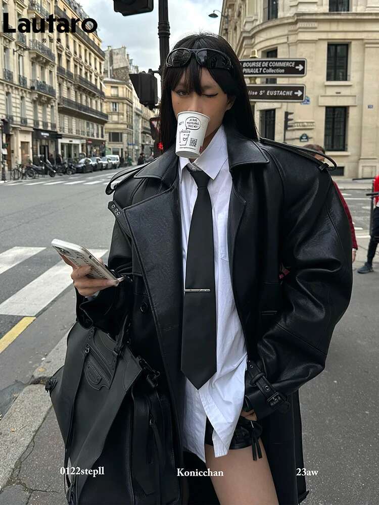 Lautaro Spring Autumn Extra Long Black Pu Leather Trench Coat For Women With Back High Slit Chic European Fashion 2024