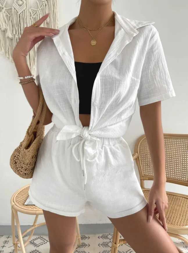 Summer Womens Casual Suit Loose Cotton Linen Shirt Long-sved Top Casual Drstring Shorts 2-piece Suit Solid ColorXJ250106