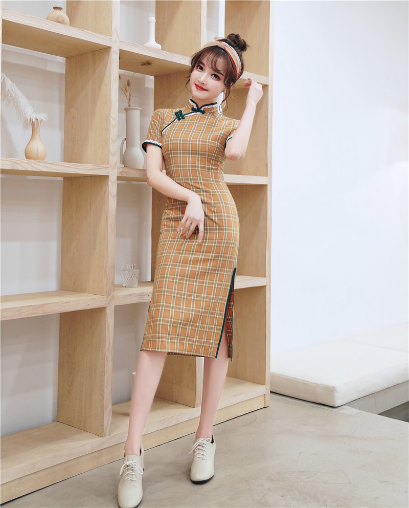 DC7115 Spring and summer new yellow checkered cotton and linen mid-length cheongsam daily fashion slim girl cheongsam dress