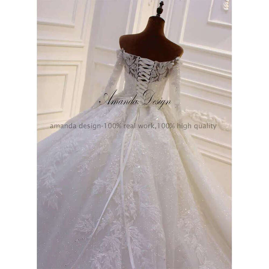 Amanda Design Robe De Mariage Off Shoulder Sleeves Shiny Crystal Long Train Wedding Dress