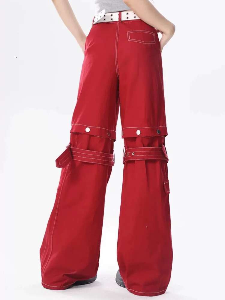 2025 Adagirl Red Baggy Cargo For Women Y2k Hip Hop Vintage Goth Hippie Removable Wide Leg Denim Pants Streetwear Casual Bottoms