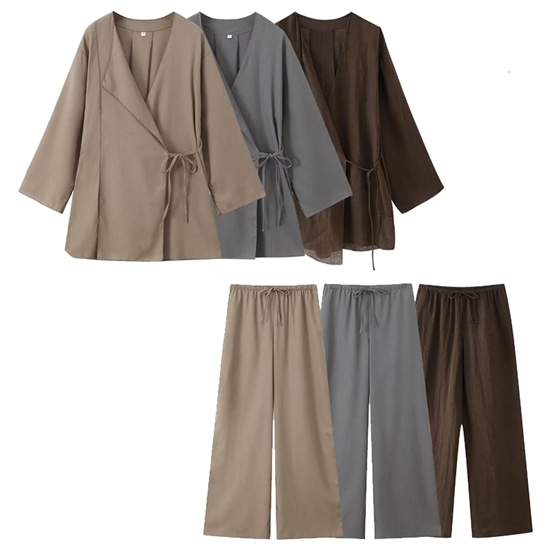 Willshela Womens Fashion 2-piece Solid Lace Shirt and Retro Elastic Waist Trouser Womens Fashion Womens Pants Set 241230