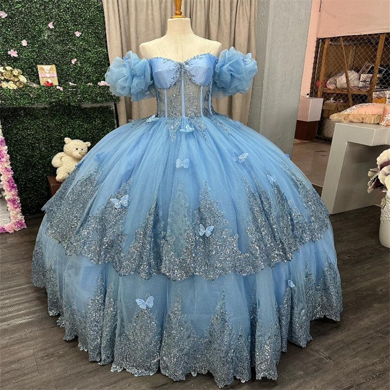 Shine Blue Butterfly Quinceanera Dresses Sparkly Appliques Vestidos De 15 Quinceanera Sweet 16 Dress Corset Xv Para Debutant Para Halloween Prom Dress