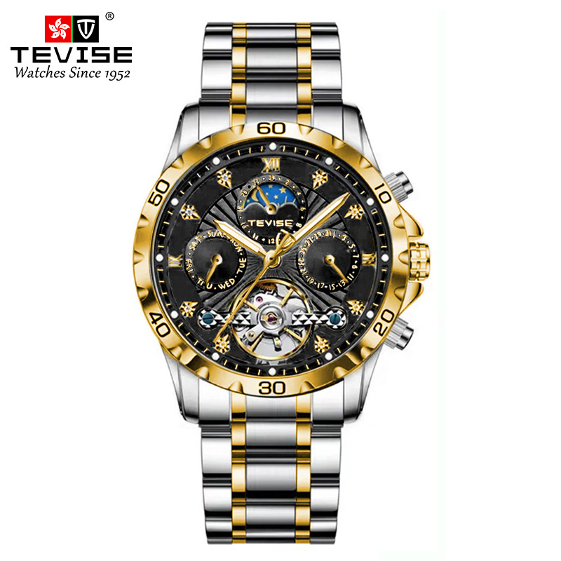 TEVISE Fashion Business Mens Mechanical Watch Waterproof Tourbillon Steel Strap Multifunctional Mens Watch T024-T9009