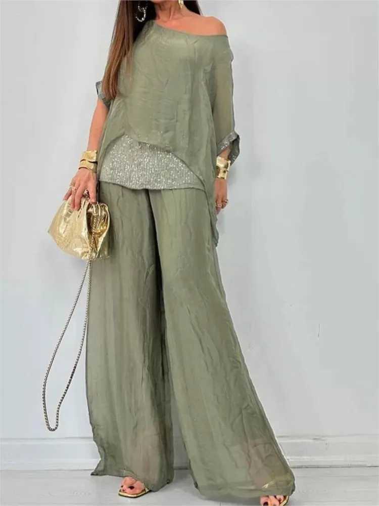 Fashion Sequin Splicing Chiffon Bat Short Sve For Womens Solid Color Suit Summer New Casual Ele Fe Office 2piece SetXJ250106