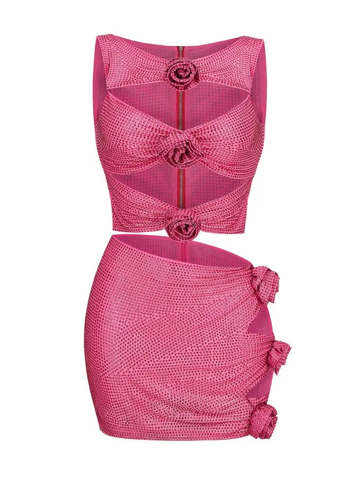 BEVENCCEL Womens Silver Sexy Diamond 3D Flower Short Top Mini Skirt Hollow 2 Piece Set Celebrating Nightclub Party Set 250106