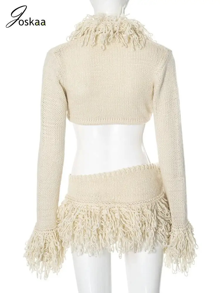 Joskaa Knitted Tassels 2 Piece Sets Women Hipster Sexy Long Sleeve Lace-Up Cardigan Tops and Mini Skirts Matching Party Clubwear 250106