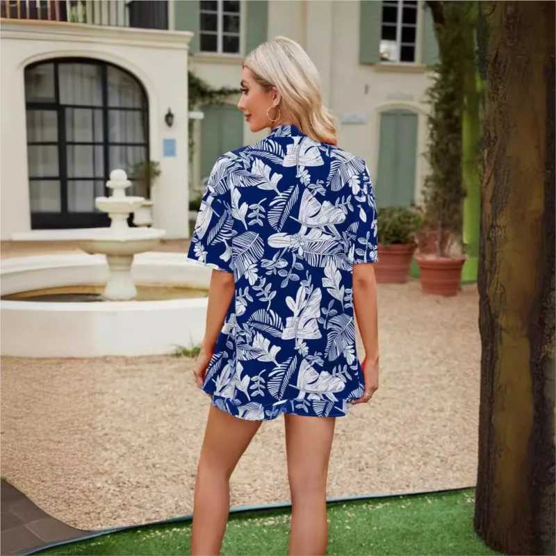 Fashion Vacation Set 2024 Womens New Floral Print Short Sved Cardigan Shirt Top Elastic Waist Shorts Two Piece Set OutfitsXJ250106