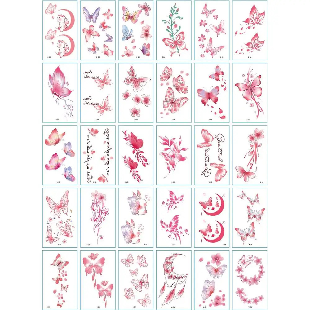 30PcsSet Temporary Tattoo Stickers No Repeat Waterproof Arm Clavicle Body Art Sticker Disposable Butterfly Flowers Small Tatto 241230