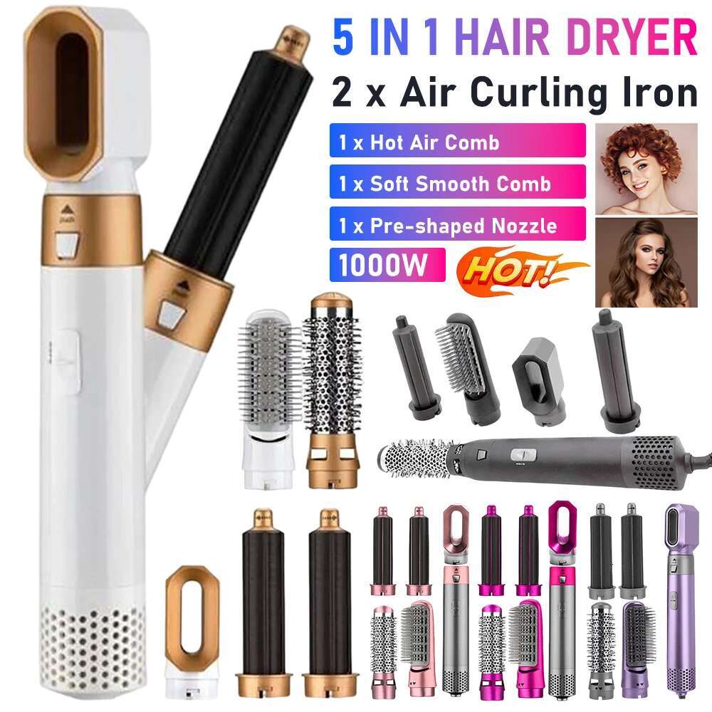 5In 1 Curler High-Speed 1000W Electric Hair Dryer Negative Lonic Detachable Styler Hot Air Brush For Straightening Curg