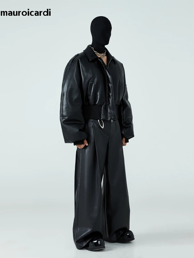Mauroicardi Autumn Winter Short Thick Warm Black Pu Leather Jacket Men with Long Sleeve Zipper Casual er Clothes 250106ww