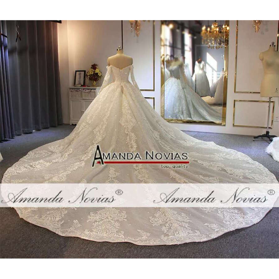 Off The Shoulder Long Sleeves Full Lace Beading Wedding Bridal Gown
