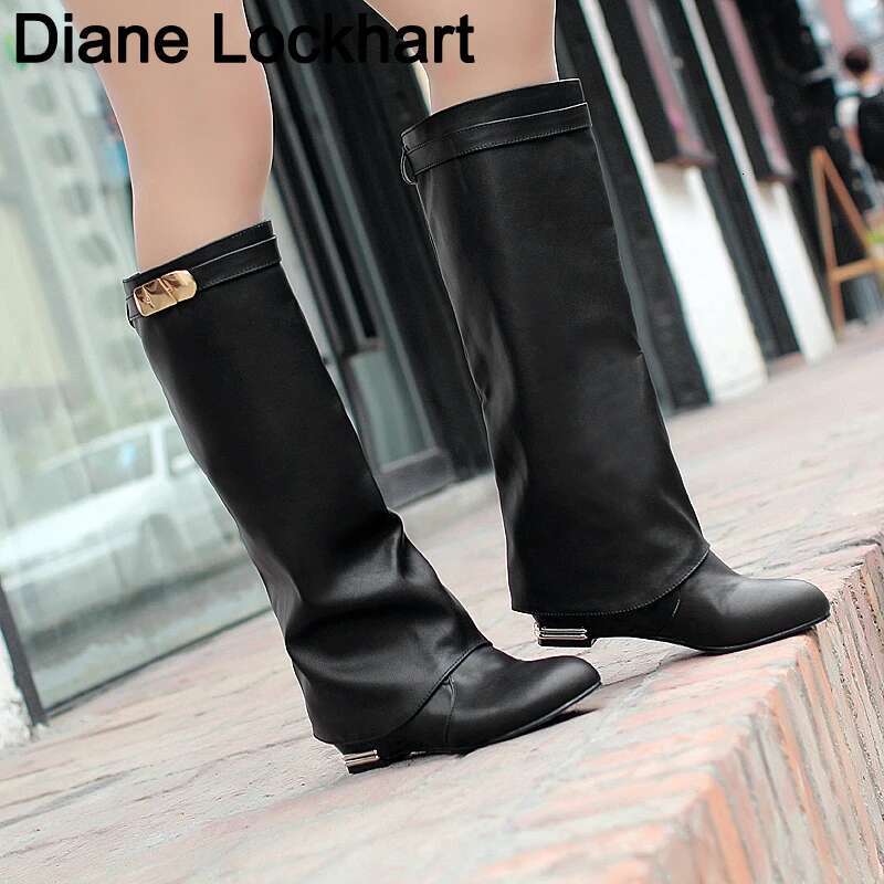 Women Buckle Belt Ck Leather Low Heel Women's Boot Autumn Winter Loose Shoes Female Black Booties Knee High Boots 33-43