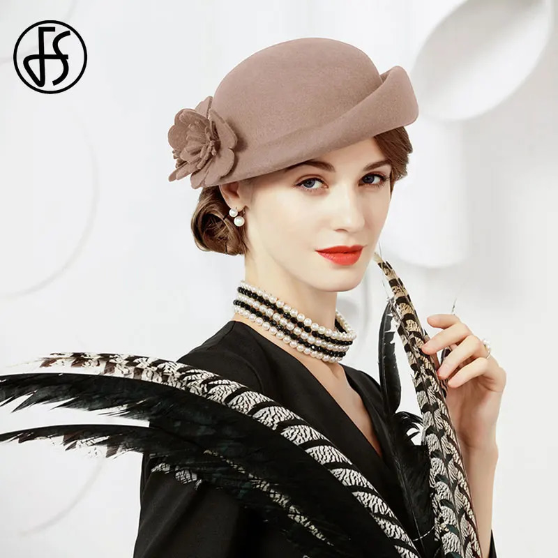 FS Blue Purple Wool French Beret Wide Brim Fedora Hats For Women Elegant Church Hats Big Flower Ladies Wedding Tea Party Hat Ken 250106