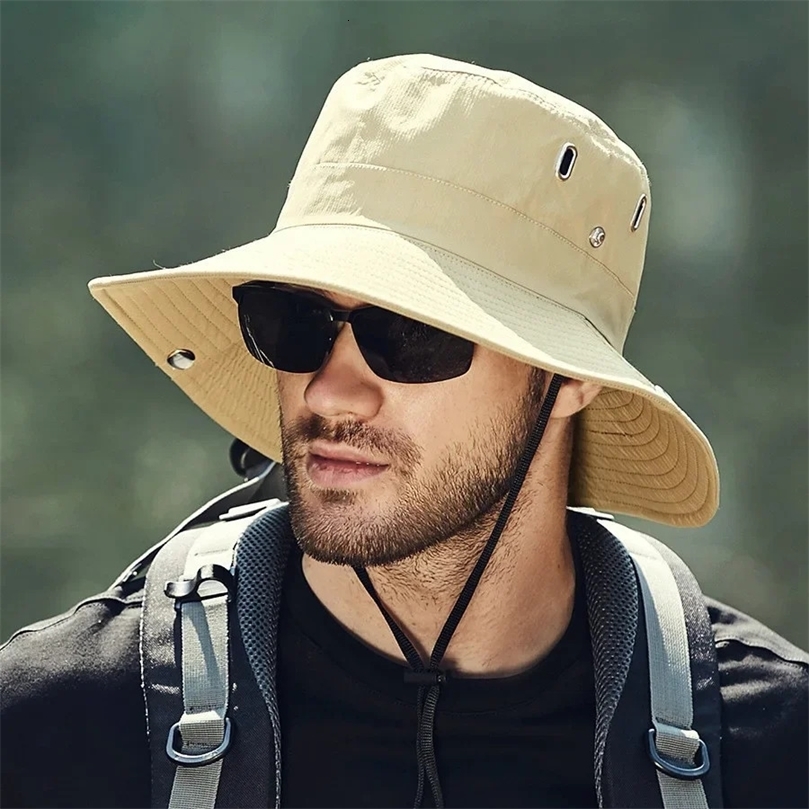 Men Summer Bucket Hat Solid Fisherman Fishing Outdoor Sunshade Big Brim Sunscreen Cap Riding Hiking Suncreen Sunhat Helmet 250106