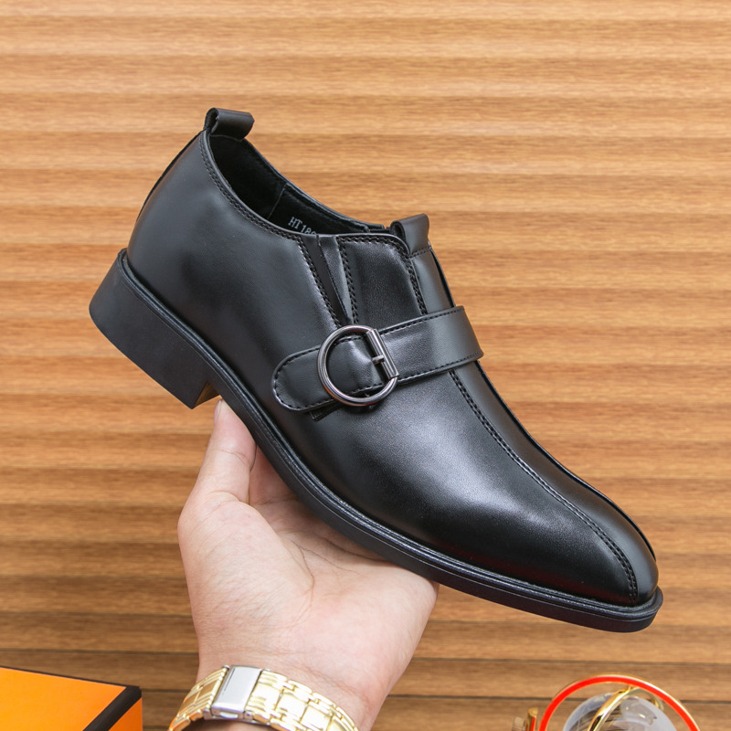 Men Dress Shoes Pointed Toe Leather Shoes Trendy British Style Business Formal Wear Wedding High-end Triple Black Brown Blue Free shipping