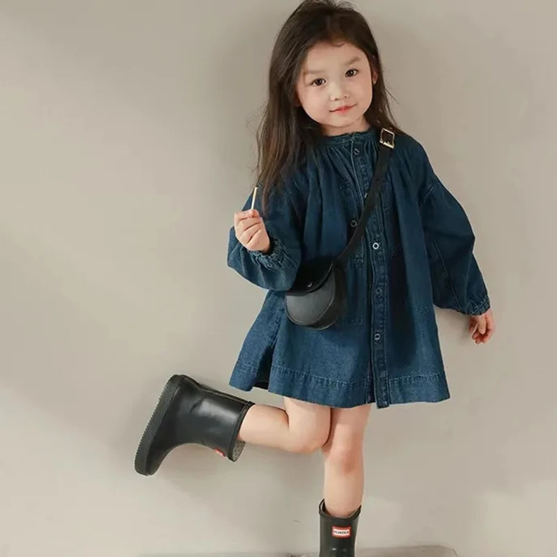 Fall Kawaii Girls Denim Dress Casual O Neck Single Breasted Children Dress Loose Fashion Long Sleeved Toddler Mini Dress 250106