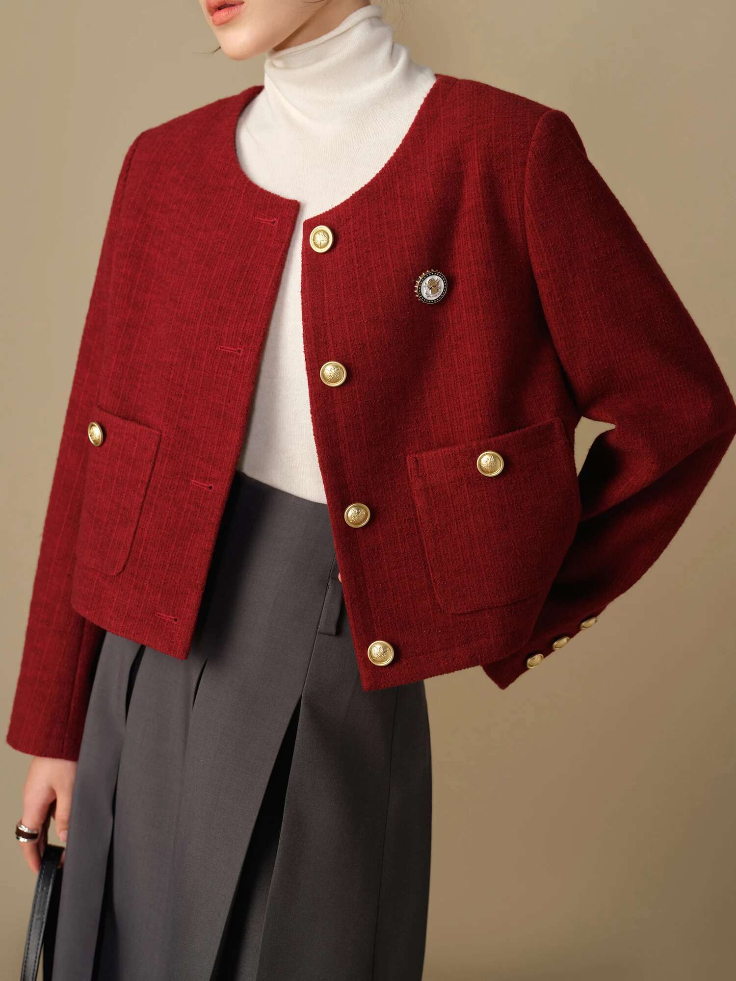 DUSHU Women Red Jackets Round Neck Single Breasted New Navy Blue Female Winter Thicken Tweed Coats 24Ds84286