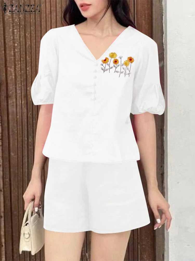 ZANZEA Fashion Short Sve Embroidery Blouse Pants Sets Summer Short Sets 2PCS Women Casual Two Piece Sets Outfits TracksuitsXJ250106