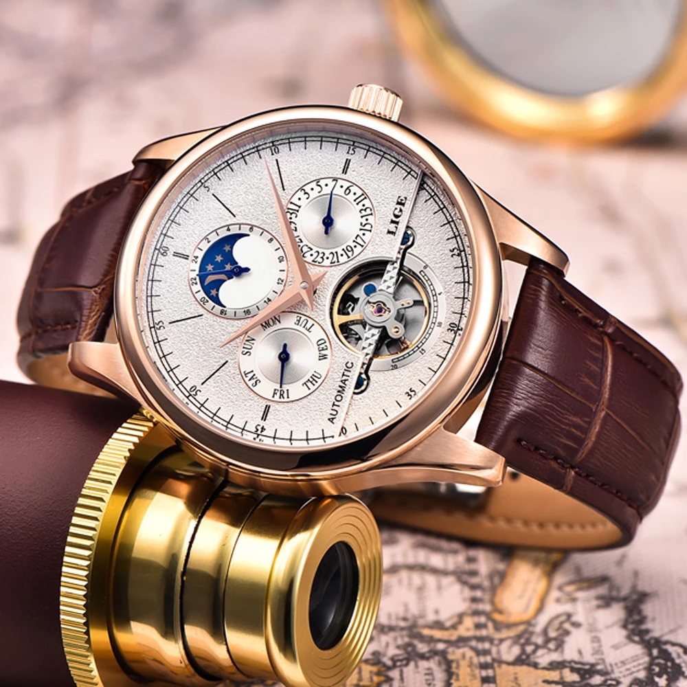 LIGE Men's Mechanical Watch Multi-function mechanical movement Calendar Week Moon Phase hour hand indicator high-quality butterfly buckle belt
