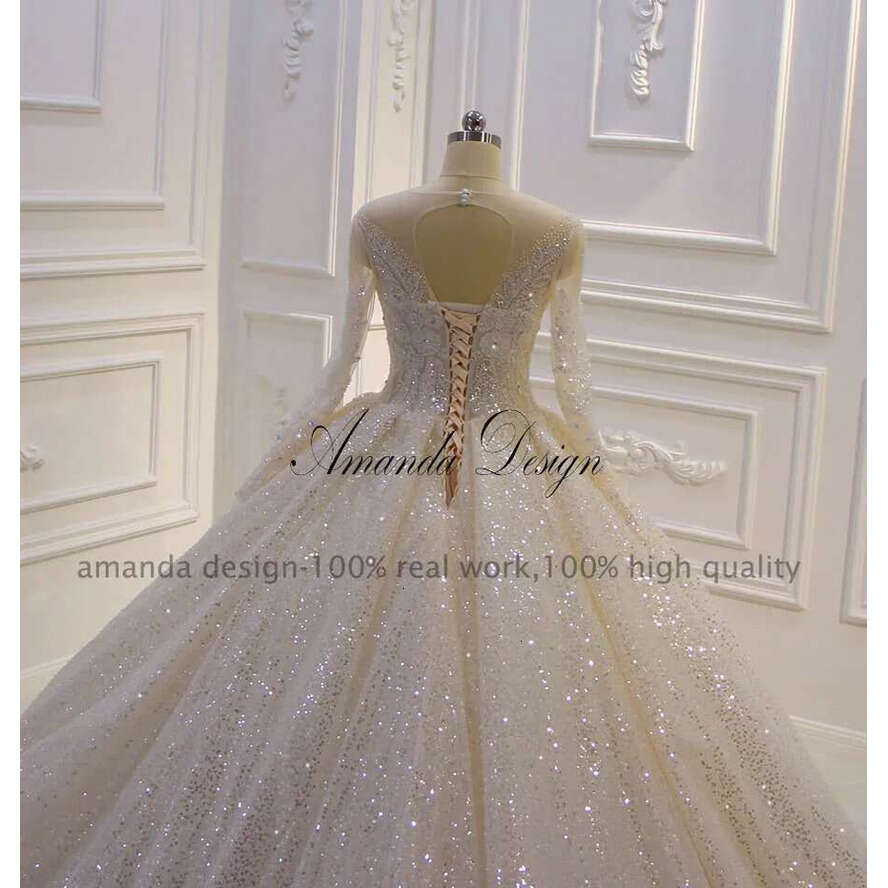 Amanda Design Customized Long Sleeve Sparkg Shiny Ball Gown Wedding Dress