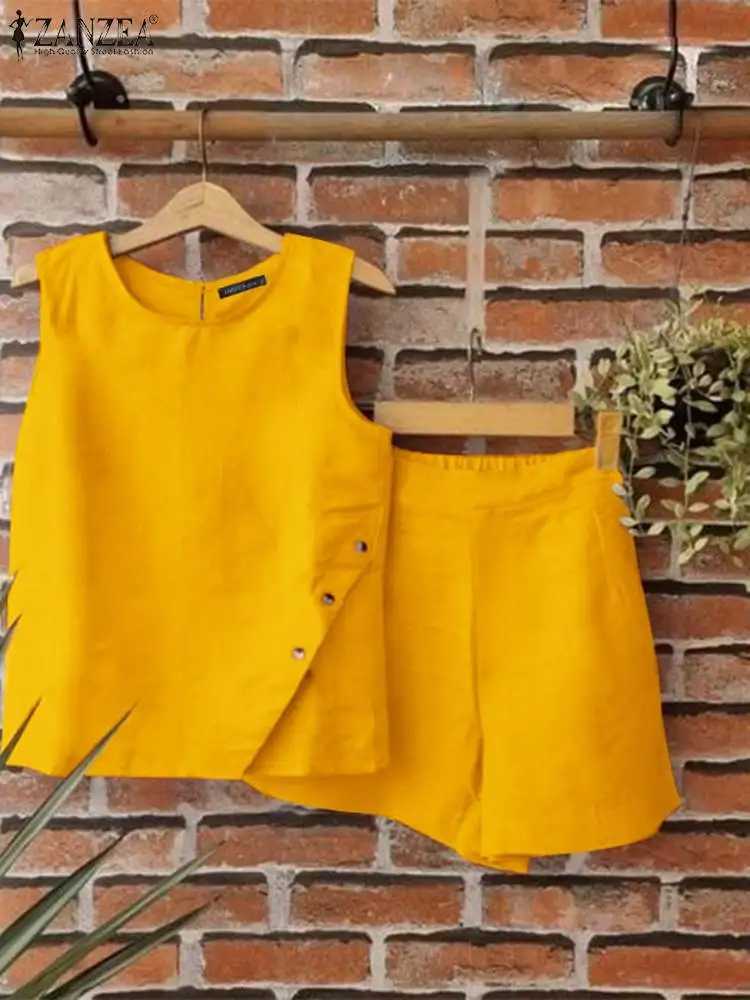 ZANZEA 2PCS Women Fashion Matching Sets Suits Casual Summer Short Sets Sexy Pocket Loose Sveless Tank and Shorts TracksuitXJ250106