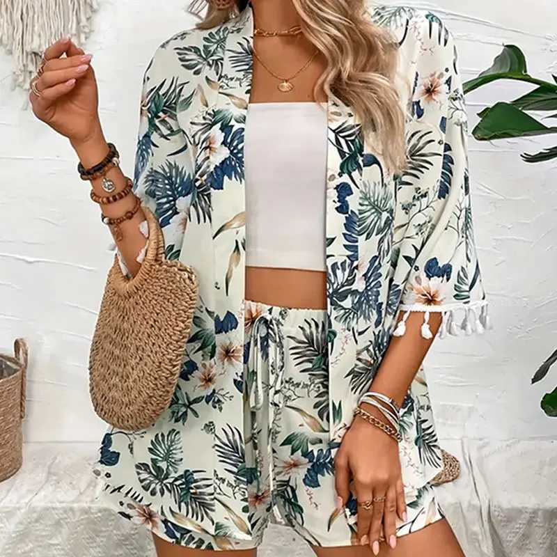 Two Piece Set For Women Outfits Open-front Cardigan Smock Flower Printed Beach Shorts Summer Suits Fe Clothing BeachwearXJ250106