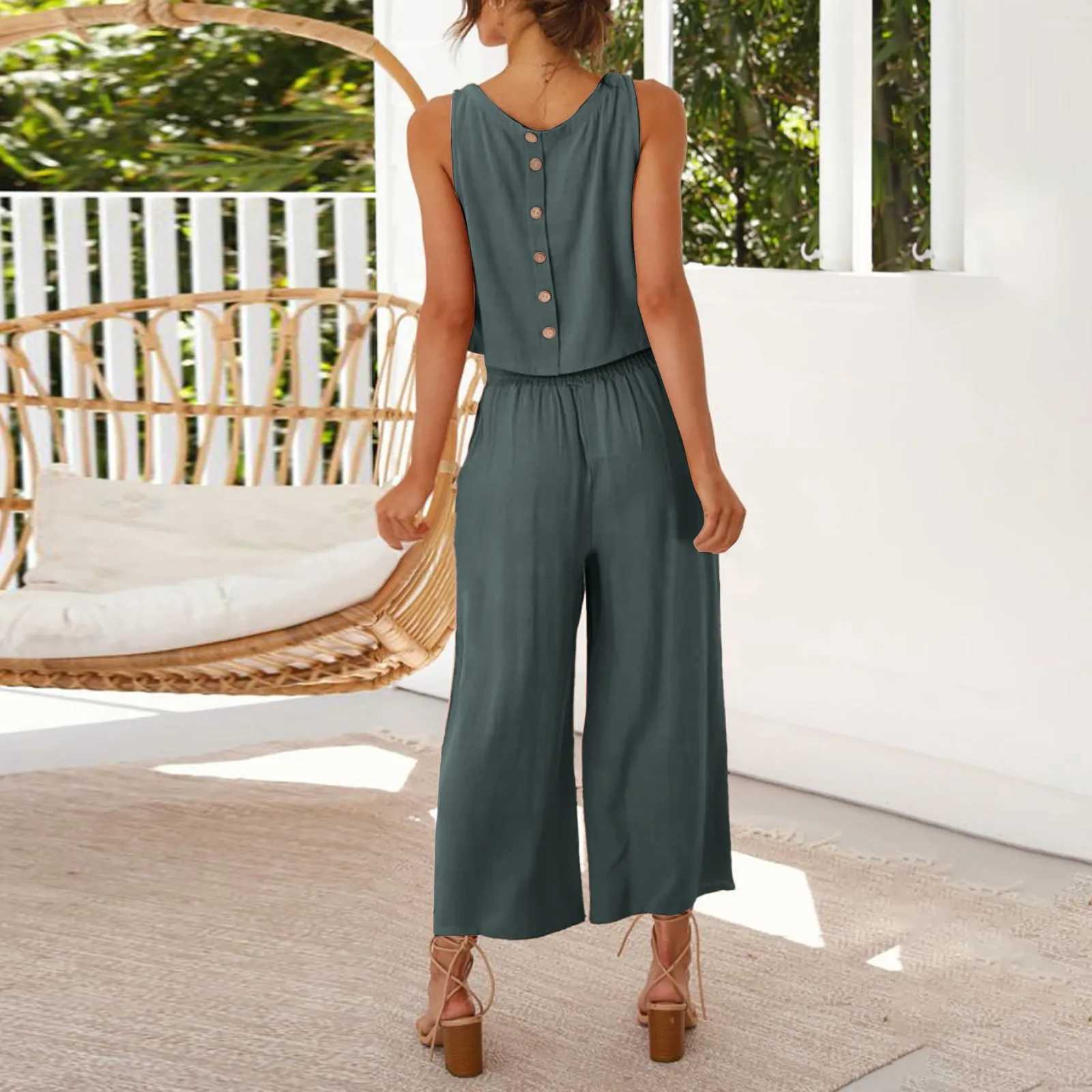 Women Summer Casual Linen 2 Piece Pants Set Solid Ele Two Piece Suit Sveless Wide Leg Trouser 2024 New In Matcing SetsXJ250106