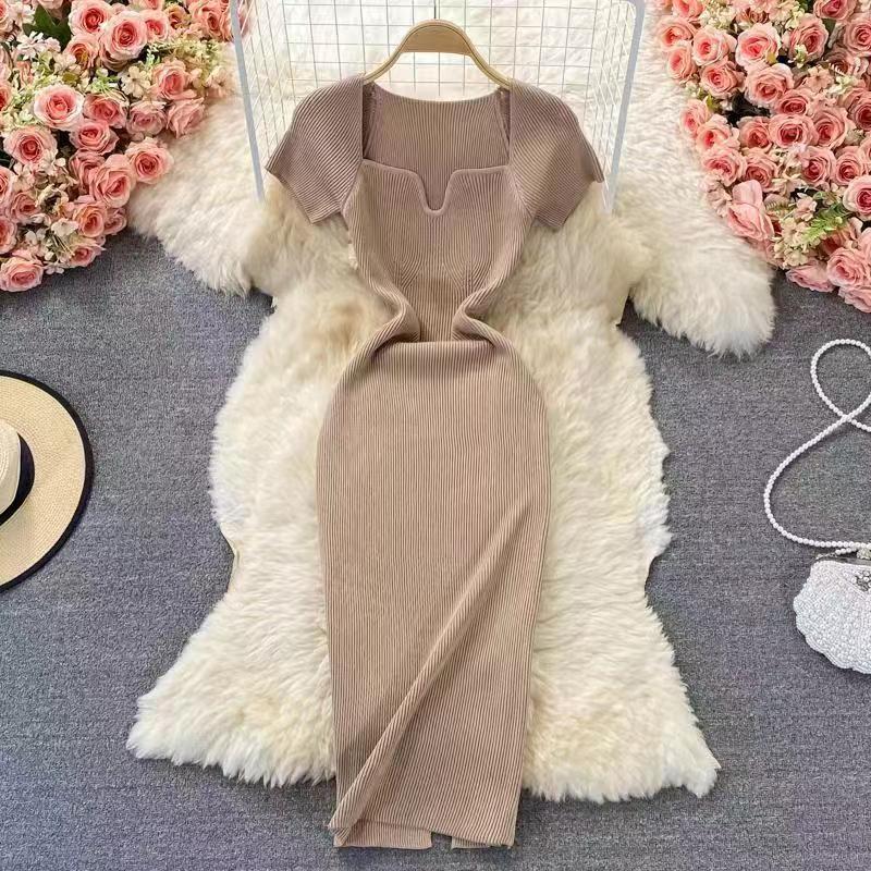 CT721 slim square neck knitted dress short sleeves 2024 summer new style temperament sexy hot girl hip long skirt