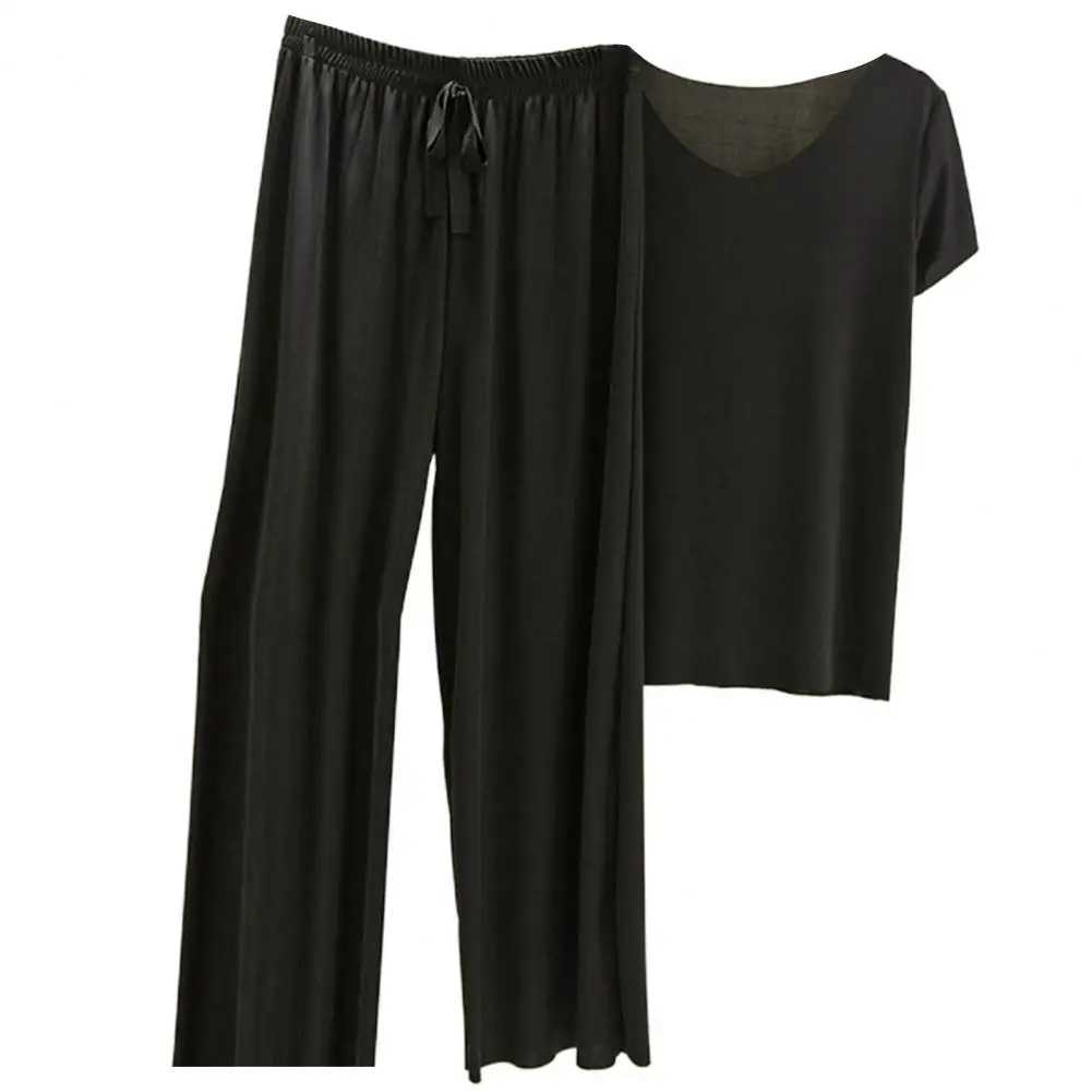2 Pcs/Set Women T-shirt Pants Set Pleated Wide Leg V Neck Short Sves Loose Homewear Pullover Thin Summer Top Trousers SetXJ250106