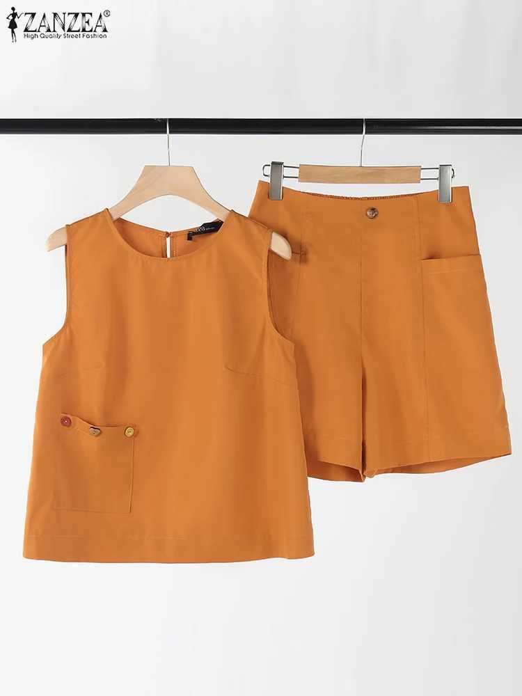 ZANZEA Women Two Piece Sets Casual Sveless Buttons Tank Tops And Pants Shorts Suits Summer 2PCS Holiday Loose Short Pant SetsXJ250106