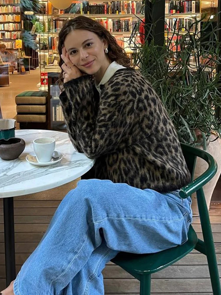 Fashion Knitted Leopard Womens Cardigan Long Sleeve Round Neck Single Breasted Short Sweater Vintage Casual Sweaters Knitwear 241225
