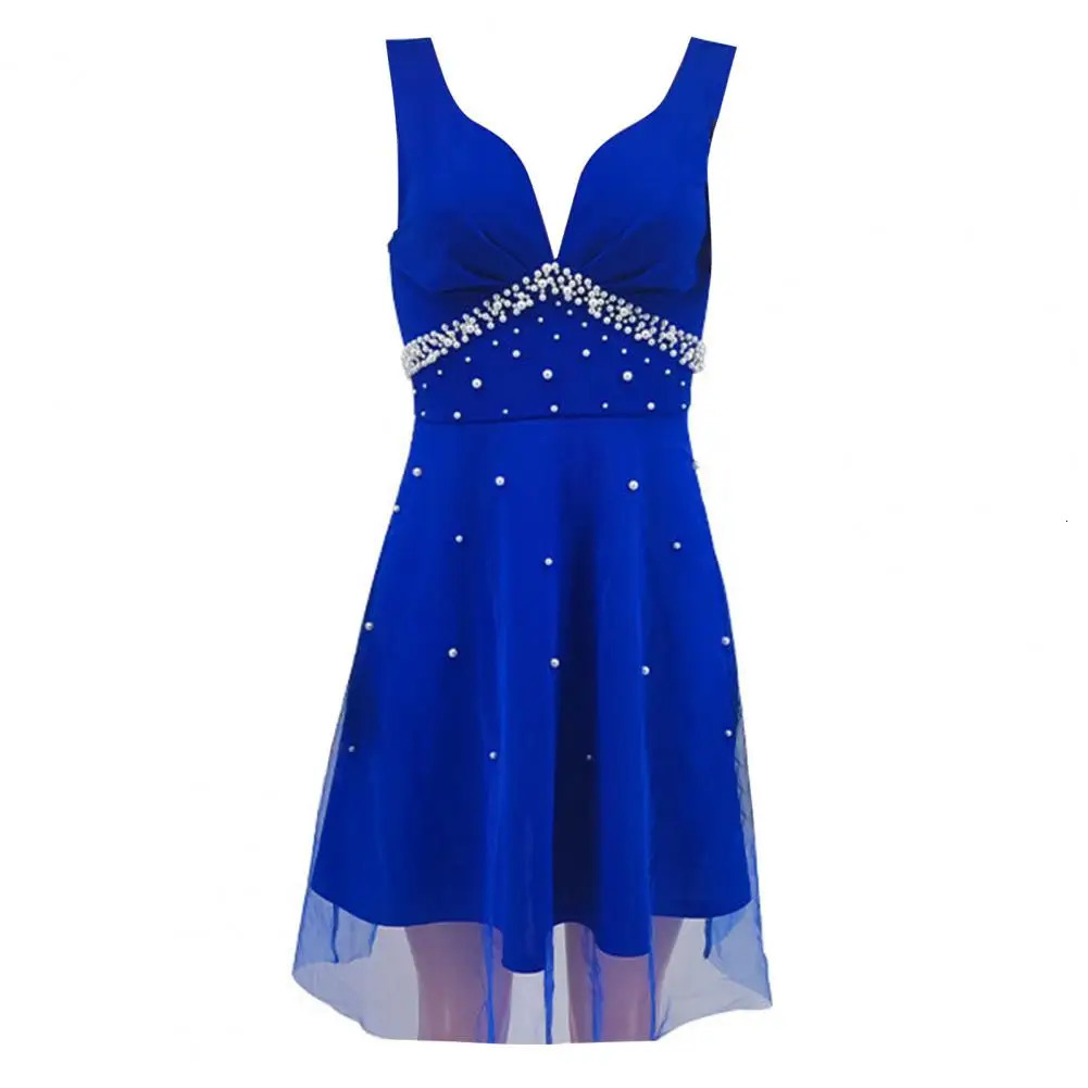 Lady Summer Ball Gown Elegant V Neck Pearl Embellished Aline Evening Dress with Doublelayer Mesh Overlay High Waist for 250103