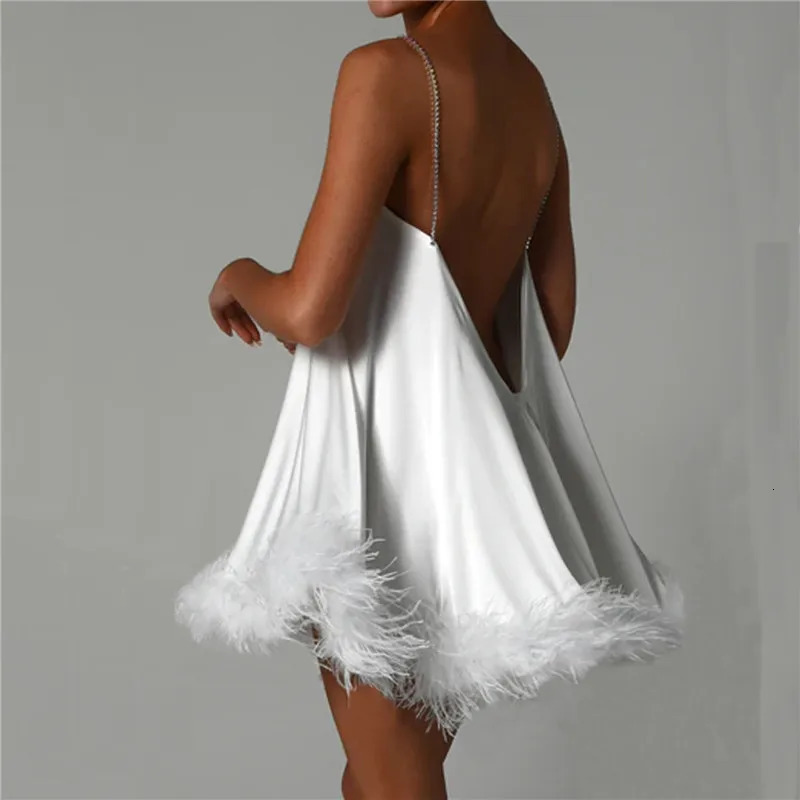 Women Spaghetti Strap Mini Dress with Diamond Straps Fur Trim Bodycon Short Sexy Feather Slip Cocktail Club Party 250103