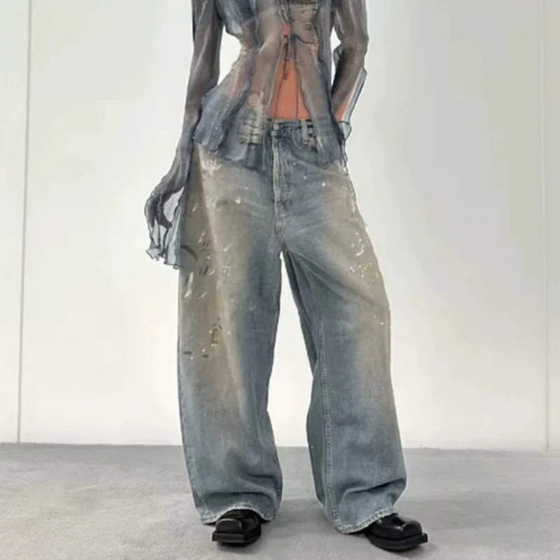 Graffiti Ink Splashing Mud Dyed Baggy Jeans for Men and Women Washed Streetwear Loose Casual Denim Trousers Oversized Cargos